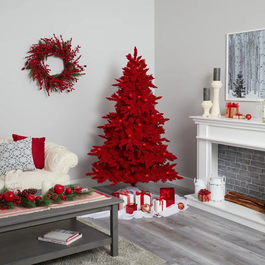 7 Foot Red Flocked Artificial Christmas Tree With 500 LEDs