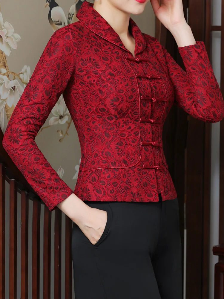 Autumn Winter Velvet Lace Floral Cheongsam Top Jacket Women