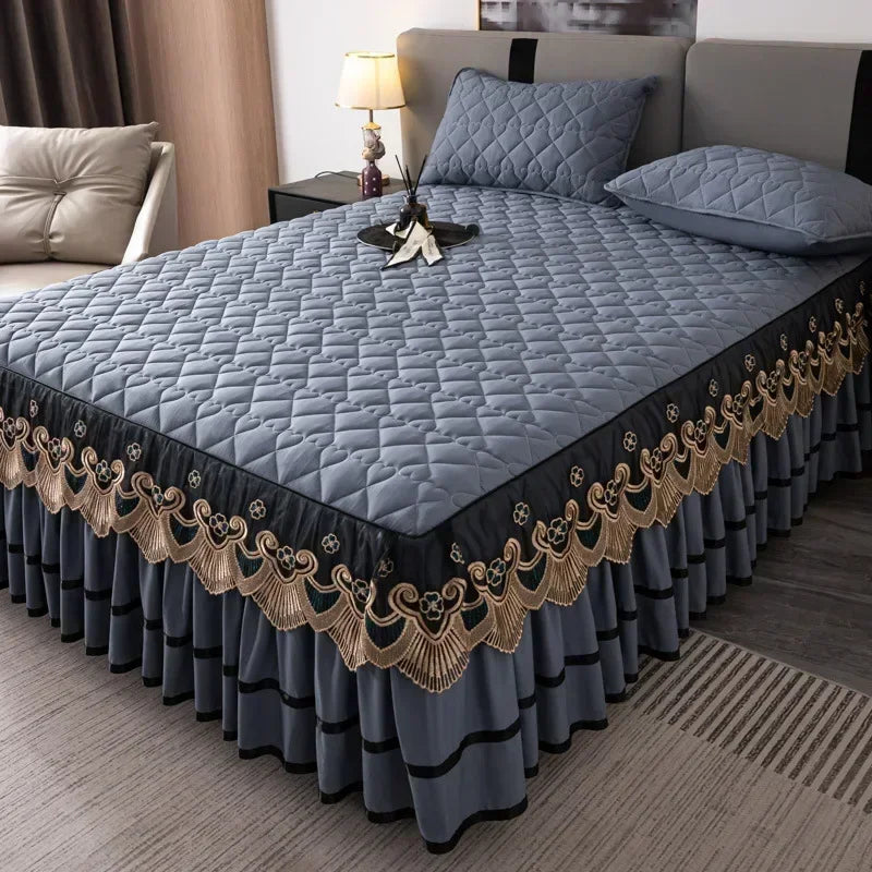 Elegant Embroidered Lace Quilted Bed Skirt Set