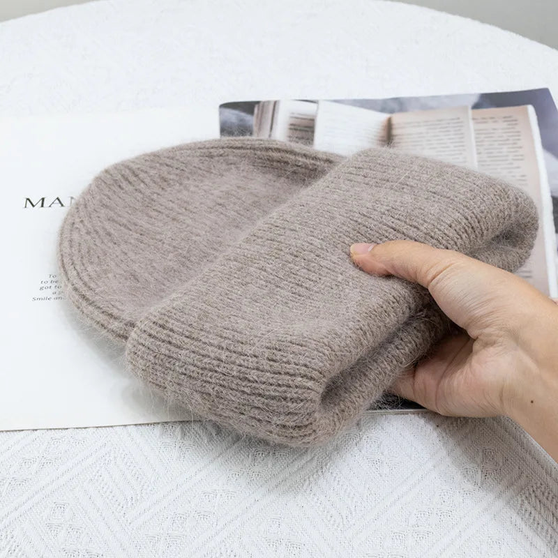 Warm Cashmere Wool Beanie For Women Rabbit Fur Threefold Cap