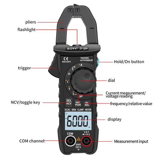 ZOYI Digital Clamp Meter 600A Current True RMS Smart Plier ammeter Auto Rang 6000 Multimeter DC AC Voltage Hz Ohm NCV Tester