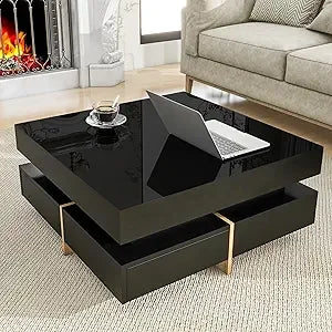 Modern Coffee Table with Storage, Contemporary Square Coffee Table with Drawers, High Gloss Modern Center Table for Living Room,