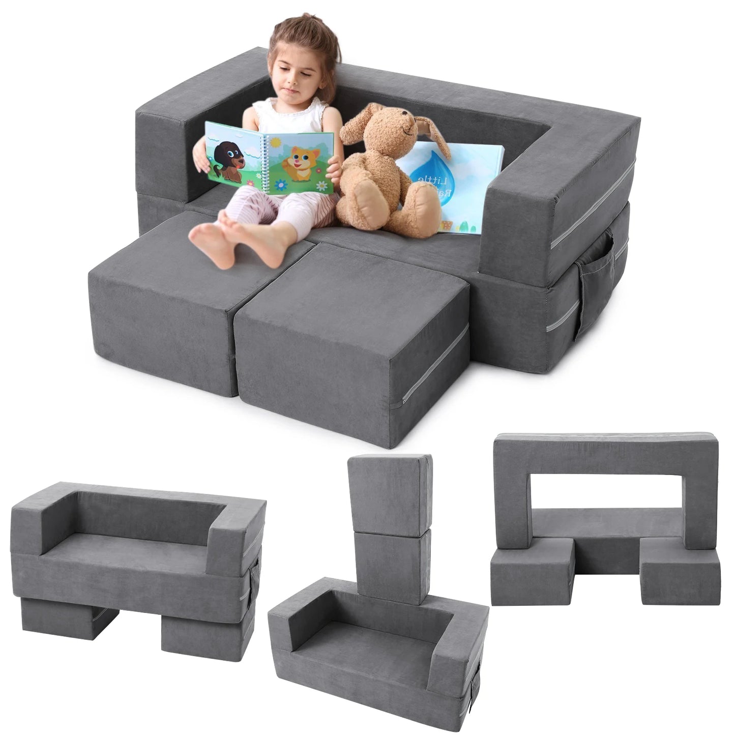 Kids Couch 3PCs Modular Kids Play Couch, Toddler Couch Kids Convertible Sofa Foam Floor Sofa for Children, Kids Couch Bed