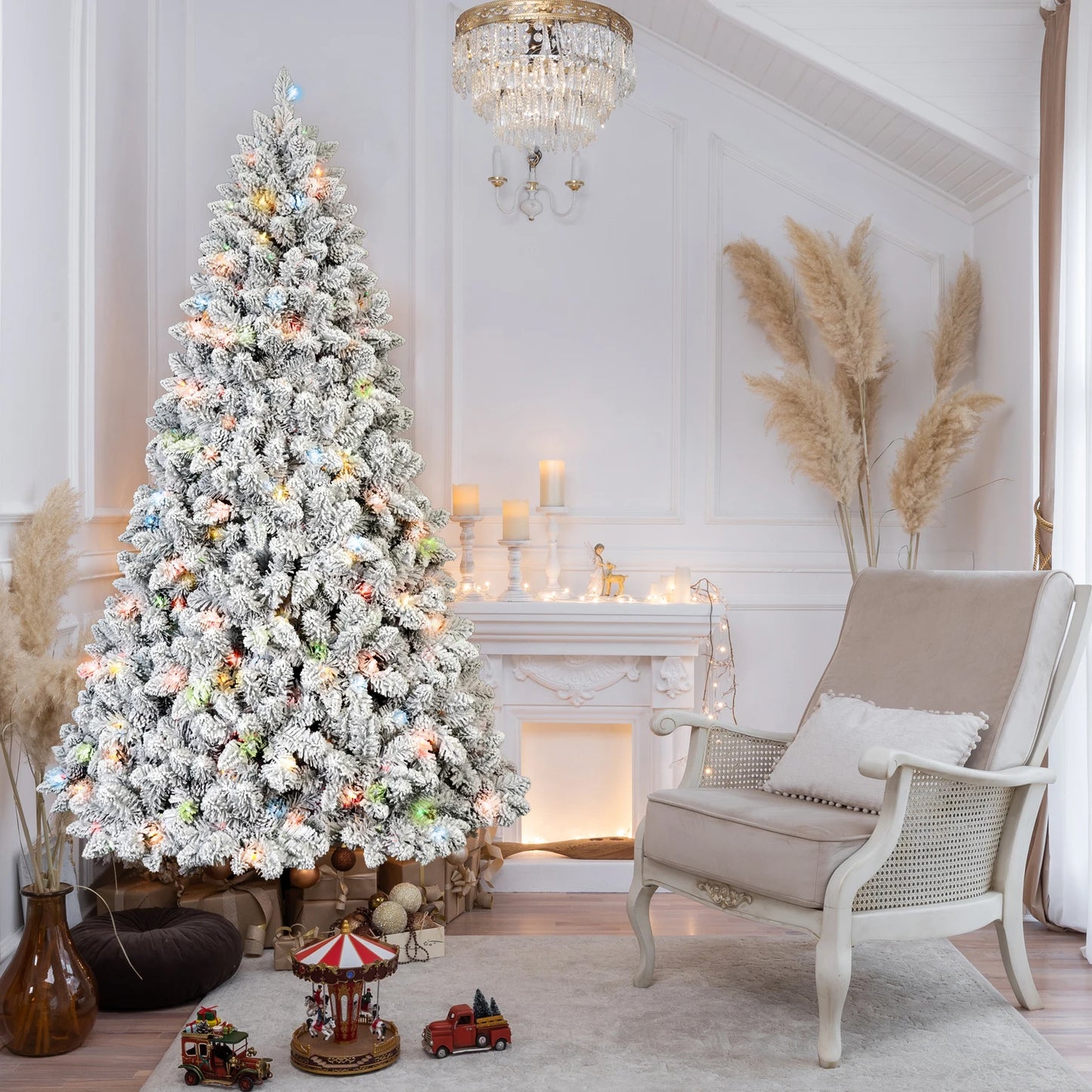 FT Pre-Lit Snow-Flocked Artificial Christmas Tree .Premium Mixed PVC Branches with Warm Holiday Lighting