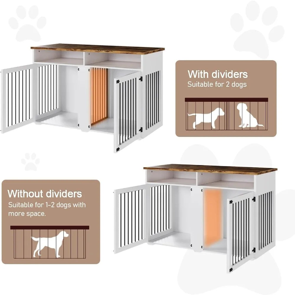 55'' Dog Crate Furniture for 2 Dogs, Wooden Dog Cage with Storage Compartment, Indoor Dog Kennel with 2 Doors for Large/Medium/S