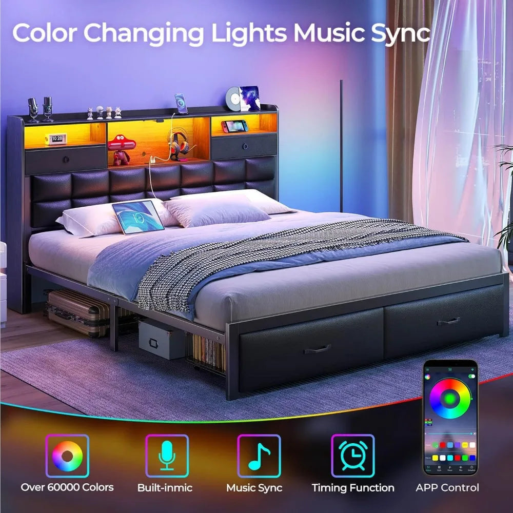 "king size upholstered bed frame with storage drawers, charging station, and led-illuminated headboard"