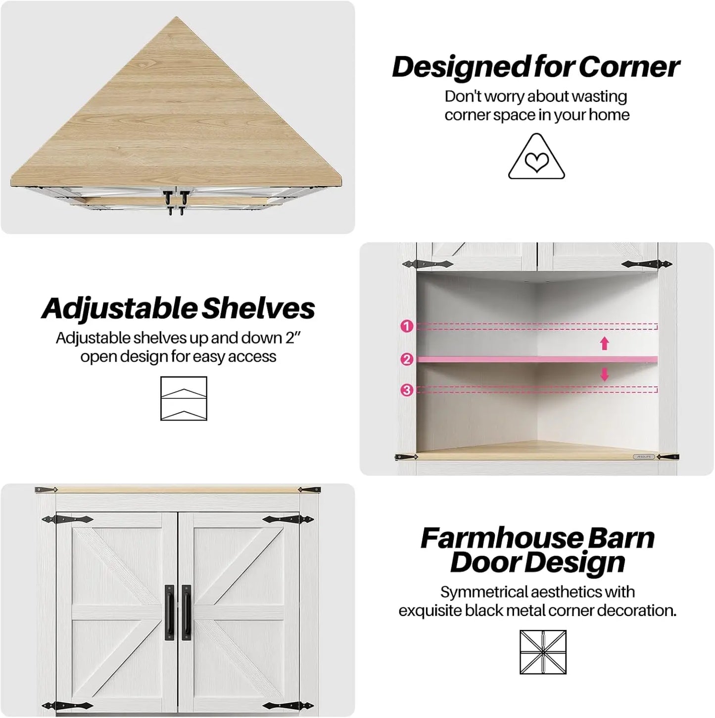 Redlife 70.5''Tall Corner Cabinet, Farmhouse Storage Cabinet with Barn Door Design & Adjustable Shelves for Bathroom Living Room