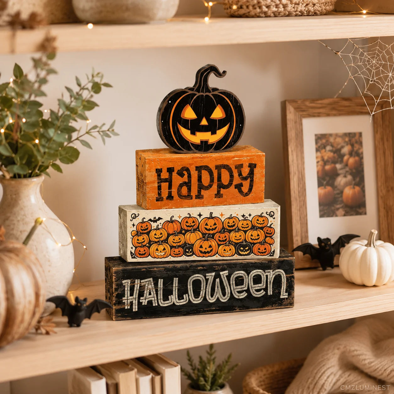 4-Piece Halloween Tiered Tray Décor Set . Rustic Farmhouse Wooden Signs for Halloween Home, Kitchen & Coffee Bar Decorations