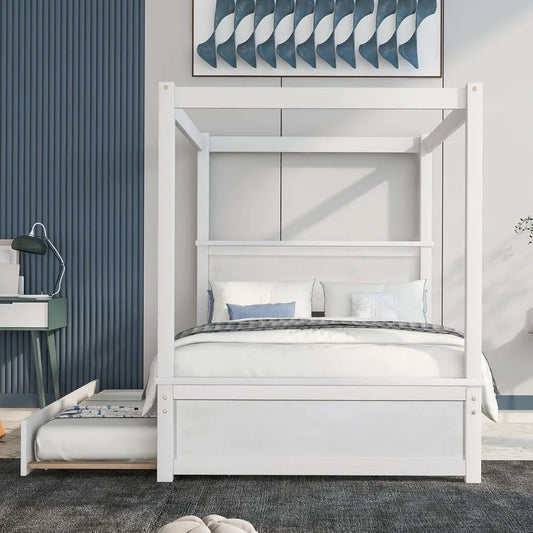 Full Size Canopy Bed with Trundle and Headboard, Solid Wood Four Poster Bed Frame with Support Slats, Wood Canopy Platform Bed f