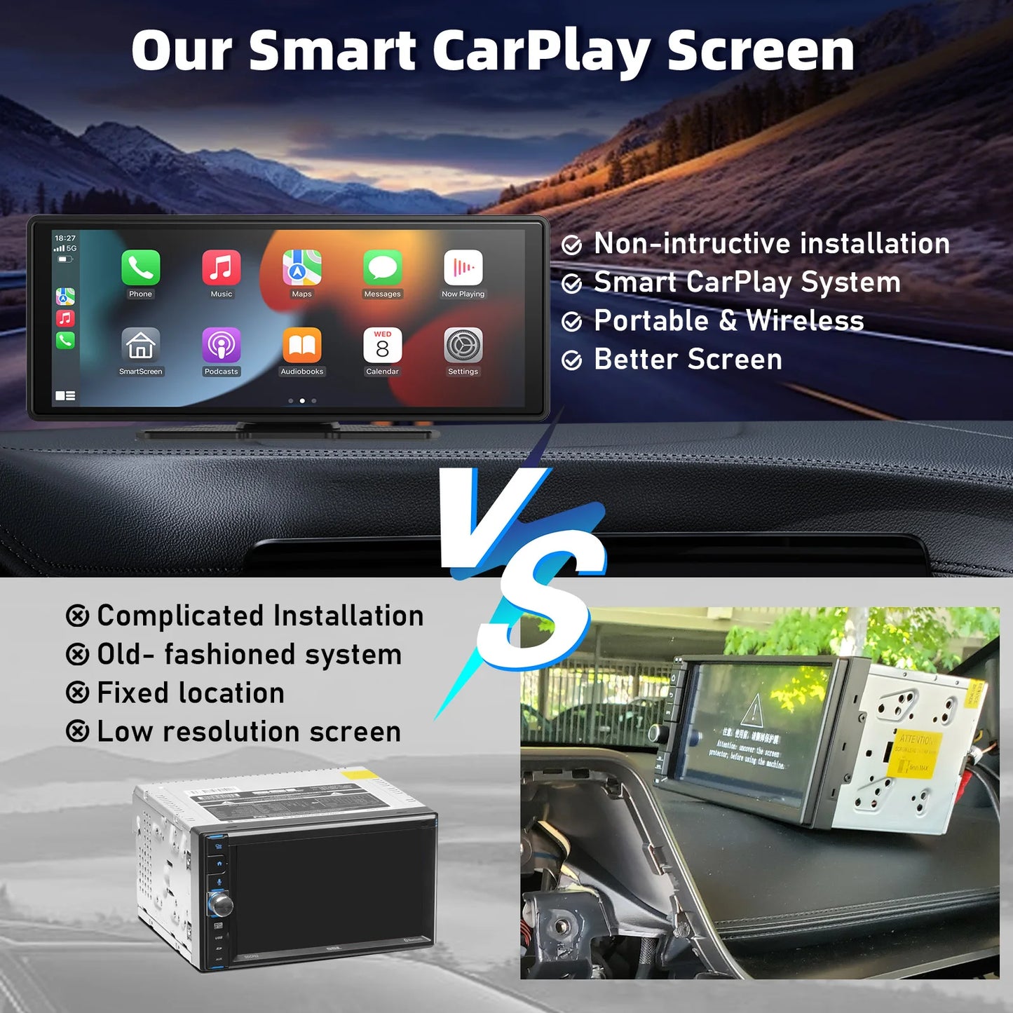 Portable Wireless CarPlay & Android Auto Car Stereo .10.26” HD Touchscreen Display with Bluetooth, GPS & Voice Control  Description: