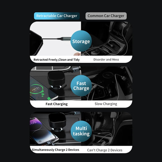 New Retractable Line Mobile Phone Car Charger Cigarette End Port Car Charging Point Super Fast Charging Xiaomi Huawei Apple 15