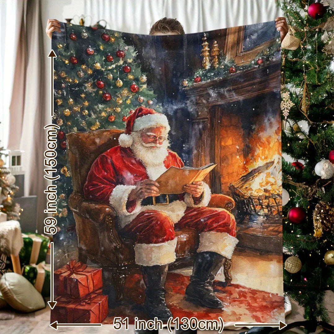 Cozy Christmas Flannel Throw Blanket - Santa Claus, Holly Berries & Gift Box Design | Soft & Warm for Naps, Camping, Travel