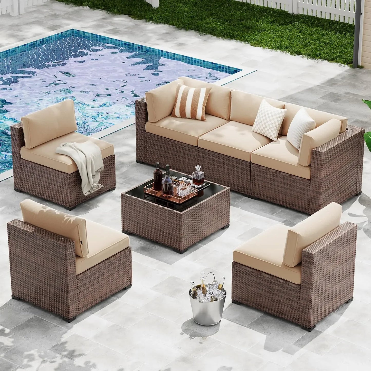 Lazy Sunsets 7 Piece Outdoor Wicker Patio Furniture Set with Cushioned Sectional Seating