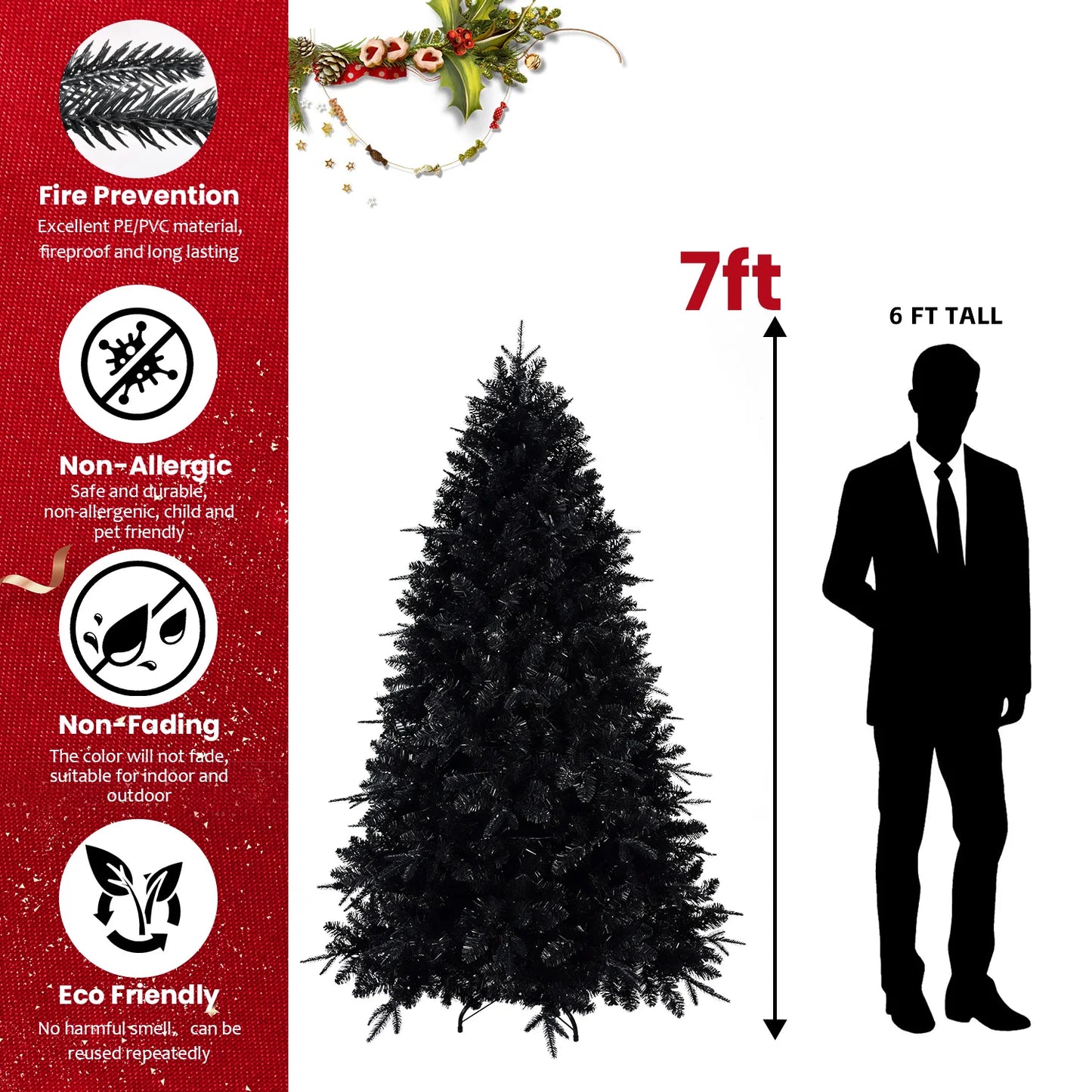 7FT Pre-Lit Black Artificial Christmas Tree with 450 LED Lights . Luxury Holiday Décor