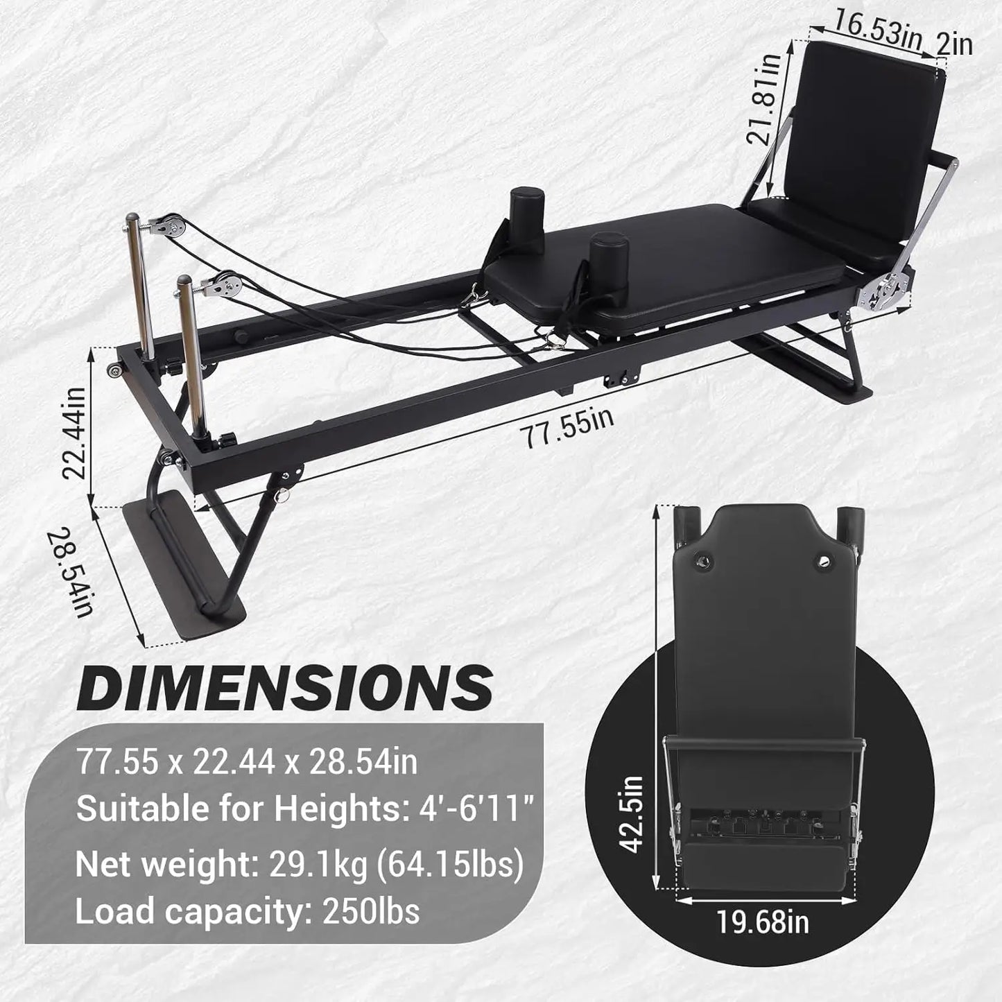 Foldable Pilates Reformer Machine with Adjustable Resistance for Full Body Home Workouts