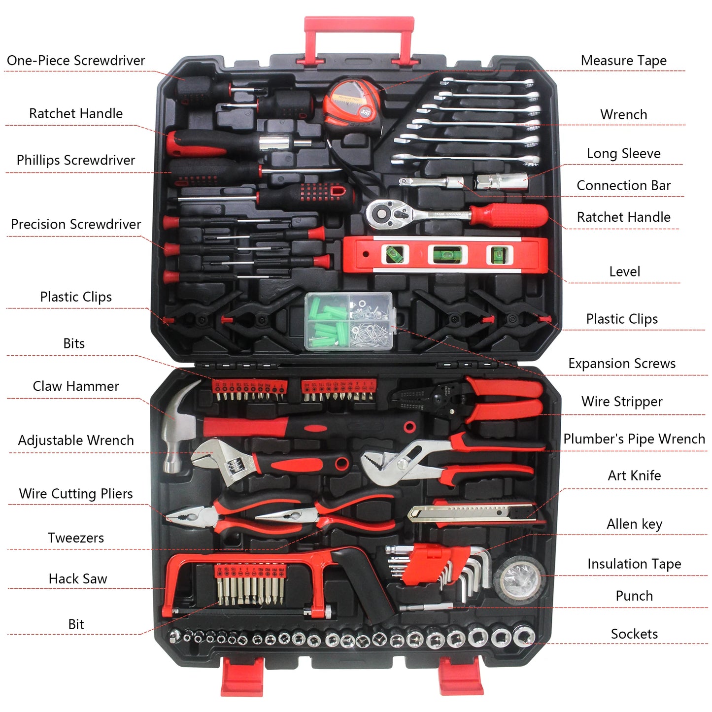 238 Piece Home Tool Kit, Auto Repair Tool Set, Tool Kit, Pliers, Screwdriver Set, Socket Set and Toolbox Organizer, Black + Red