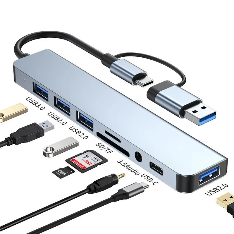 8-in-2 USB-C Docking Station Hub with HDMI, USB 3.0, SD/TF Card Reader & 3.5mm Audio Adapter