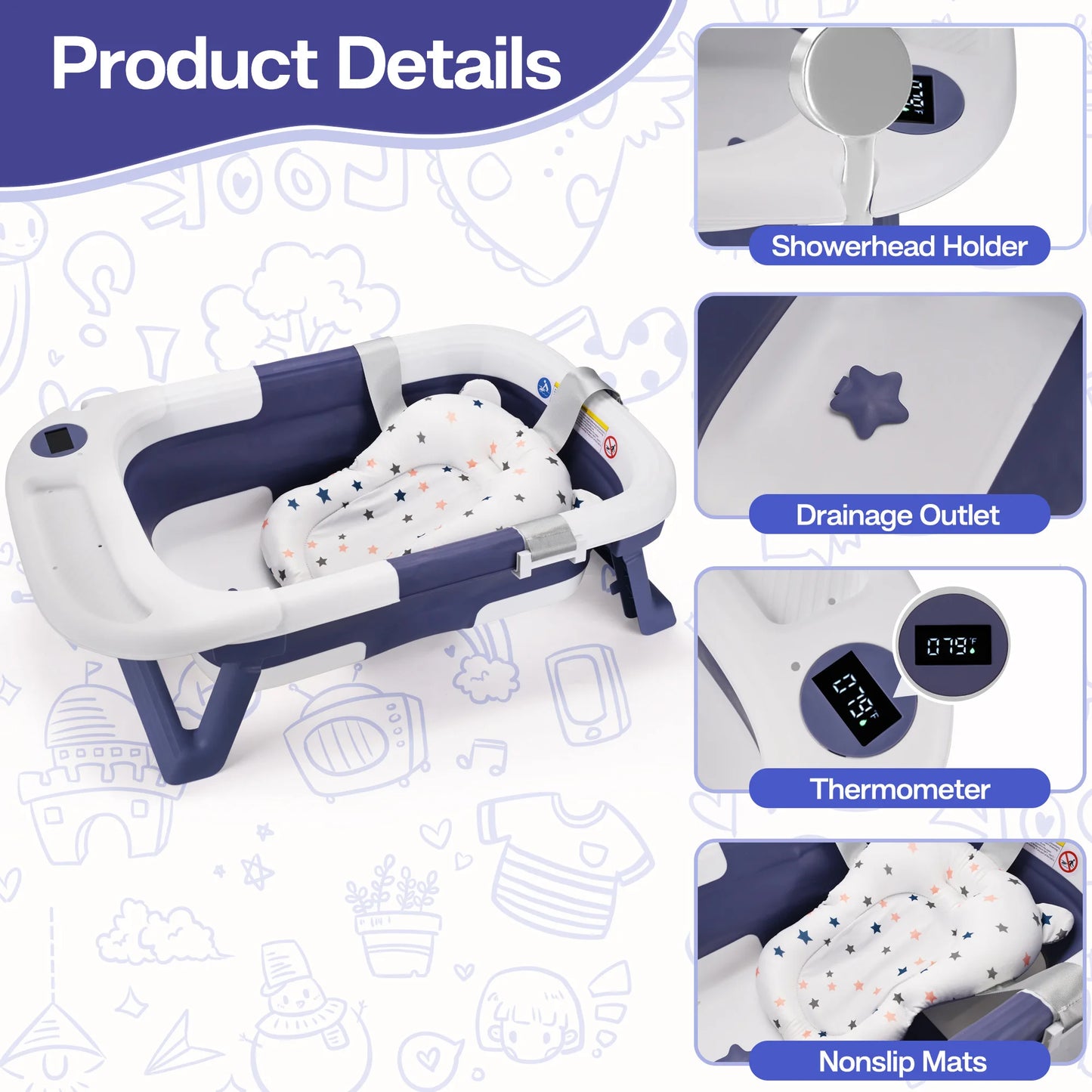 Baby Bath Tub With Cushion And Thermometer Newborn Toddler