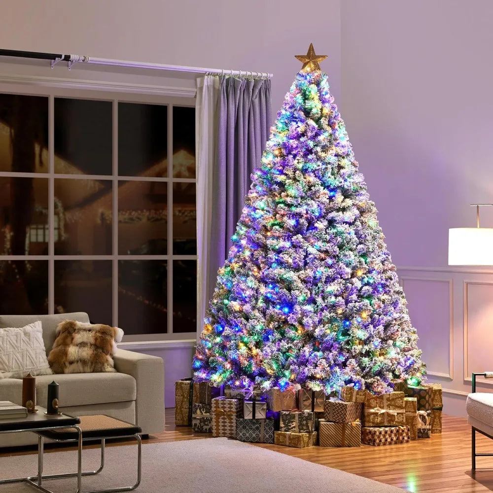 Spruce Artificial Christmas Tree Pre-lit 9ft Snow Hinges Tree with 900 Multicolor LED Lights & 2108 Branch Tips & Metal Stand