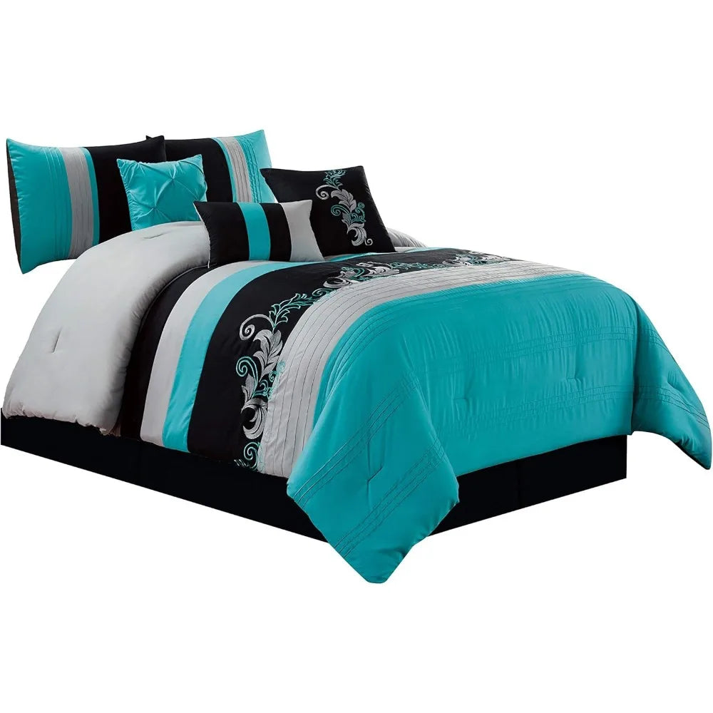 Collection Napa 7-Piece Luxury Leaves Scroll Embroidery Bedding Comforter Set (Queen, Teal Blue/Gray/Black)