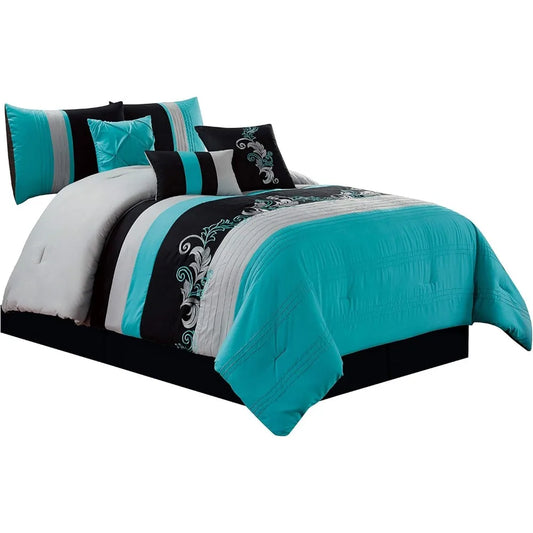 Collection Napa 7-Piece Luxury Leaves Scroll Embroidery Bedding Comforter Set (Queen, Teal Blue/Gray/Black)