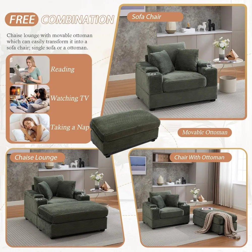 50" Oversized Chaise Lounge Chair Indoor with Ottoman and Storage, Deep Seat Upholstered reading Chair, Comfy Corduroy Sleeper C