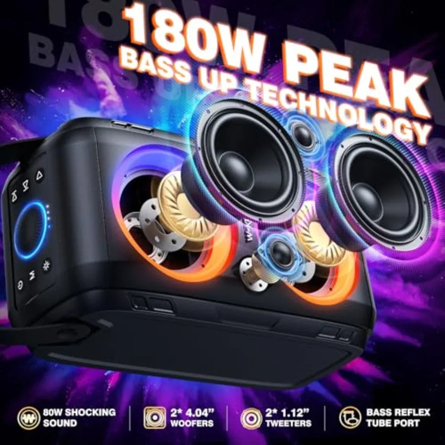 180W Portable Bluetooth Party Speaker with Deep Bass, TWS Stereo Pairing, RGB Lights & USB Playback