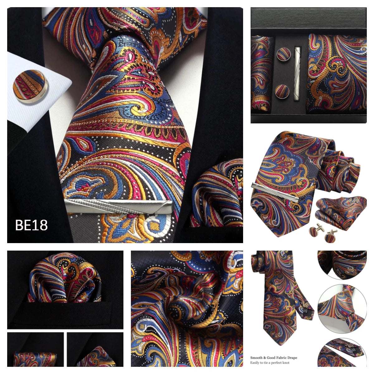 Luxury 100% Silk Paisley Floral Men’s Necktie Set | Business Tie with Matching Pocket Square & Formal Accessories