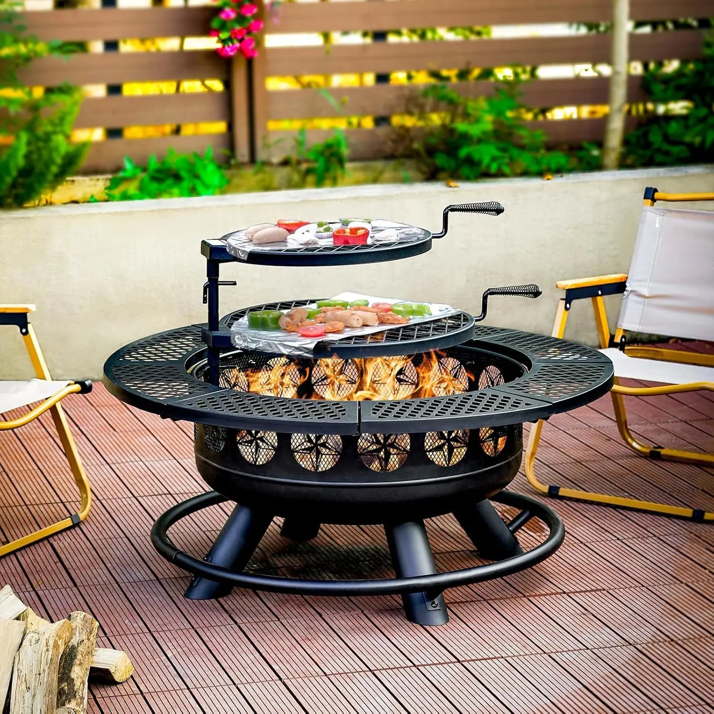 36” Outdoor Fire Pit with Dual Cooking Grills – Wood Burning Backyard & Camping Fire Pit