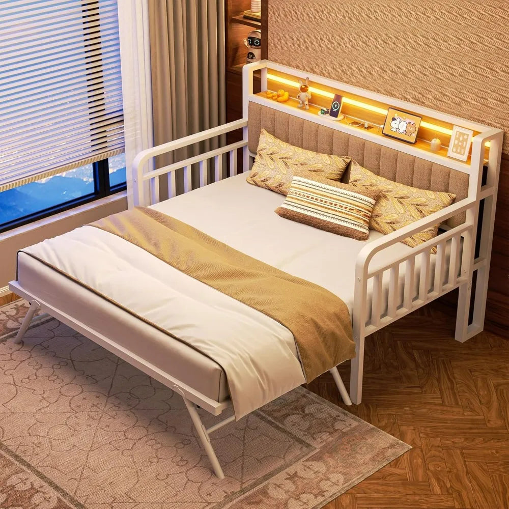 "durable metal daybed with lift trundle, twin bed frame with padded headboard and usb charging port"