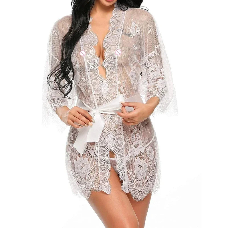 Women's Sheer Lace Robe. Floral Mesh Lingerie Nightgown with Ruffle Trim