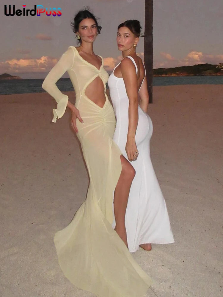Women’s Elegant V Neck Cutout Maxi Dress | Long Sleeve Bodycon Evening Gown
