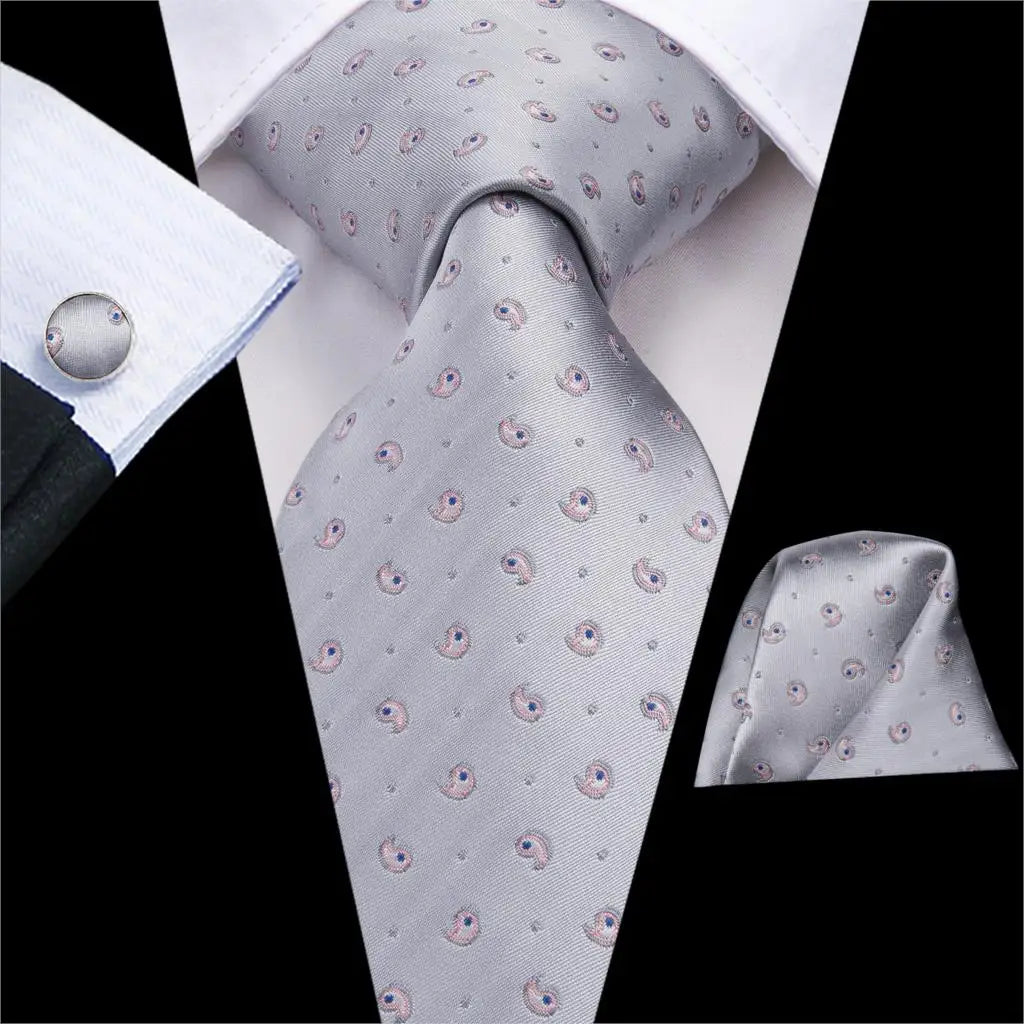 Hi-Tie Luxury Silver Men’s Necktie Set with Pocket Square & Cufflinks | Wedding, Business & Formal Events