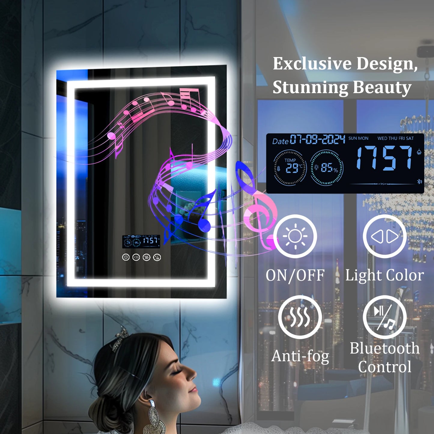 Square LED Lighted Bathroom Mirror With Bluetooth Speaker