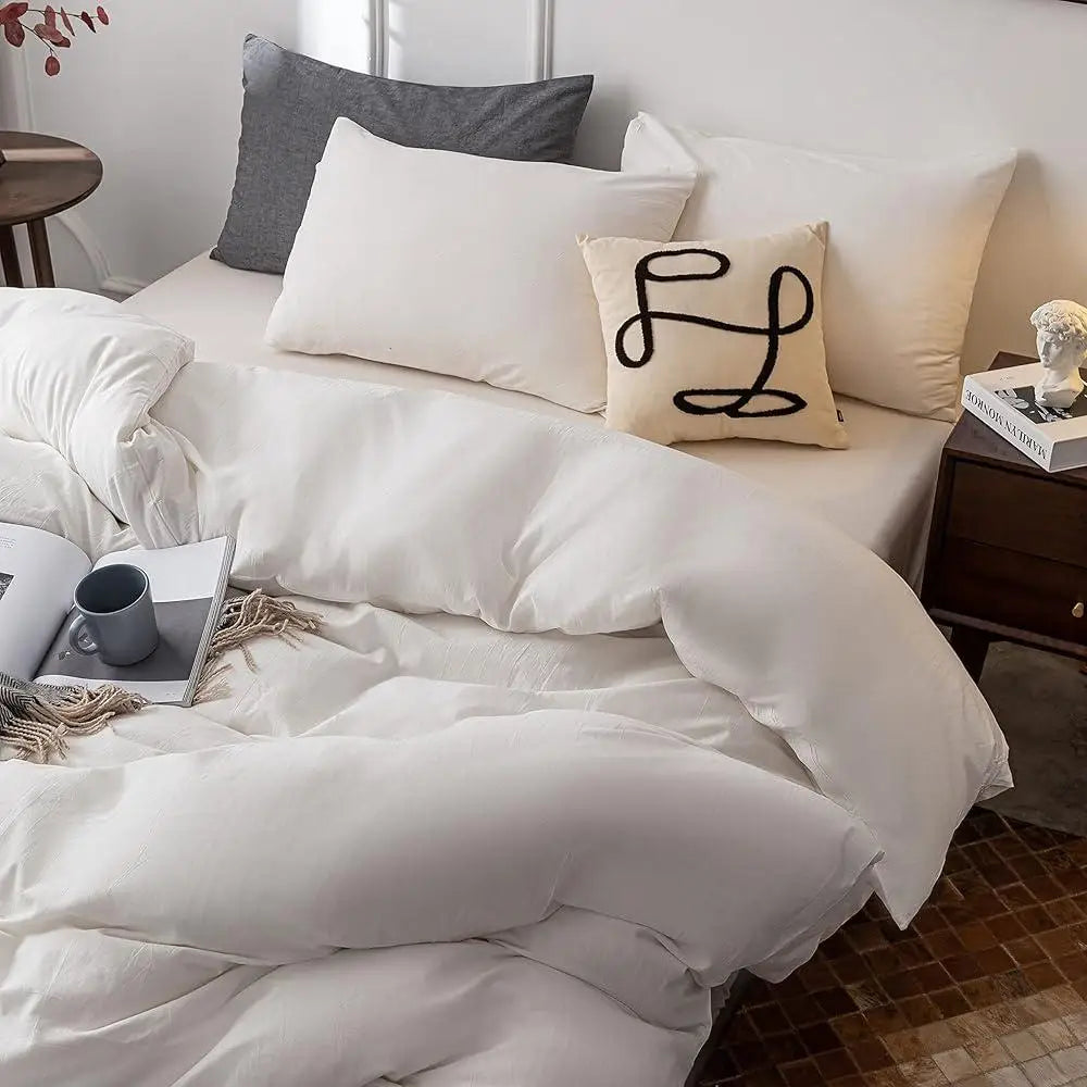 Washed Cotton Duvet Cover Set Ultra Soft Skin Friendly Breathable Bedding with Zipper Closure 3 Pieces Comfortable Sleep
