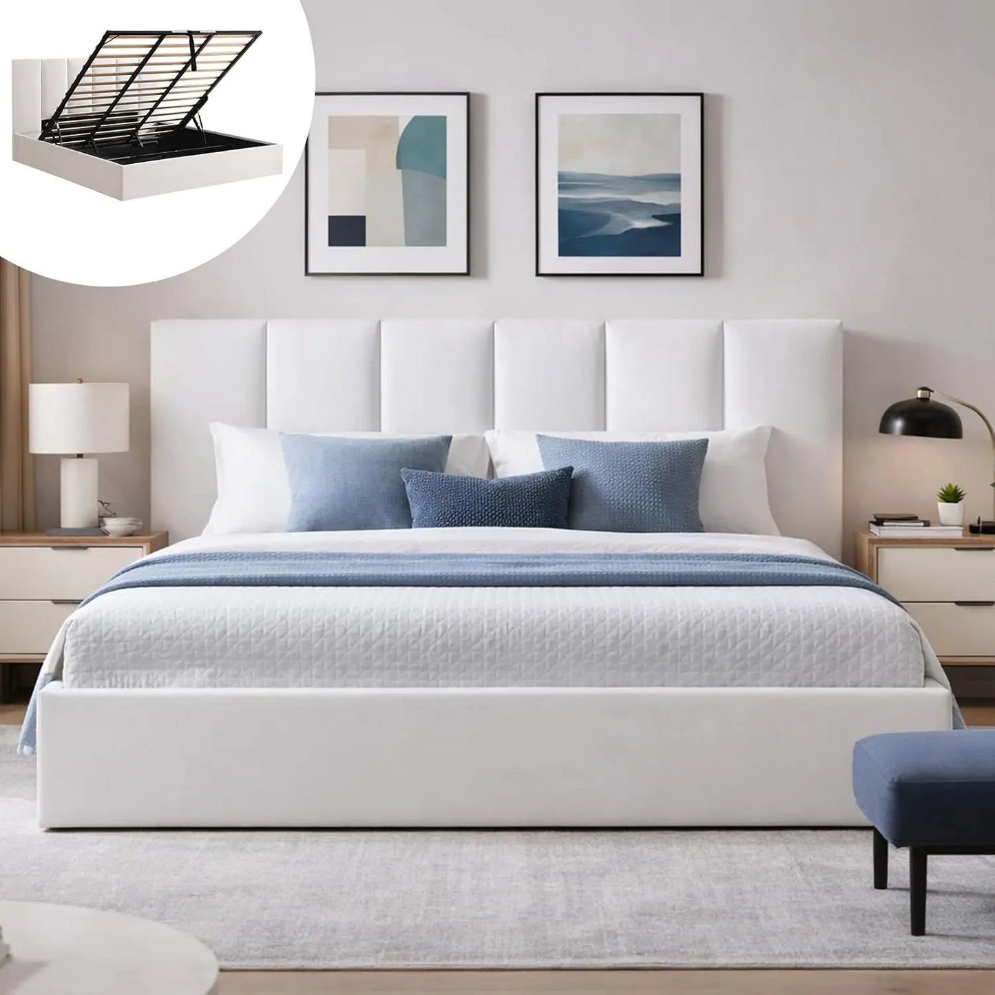 King Size Upholstered Lift-Up Storage Bed with Headboard