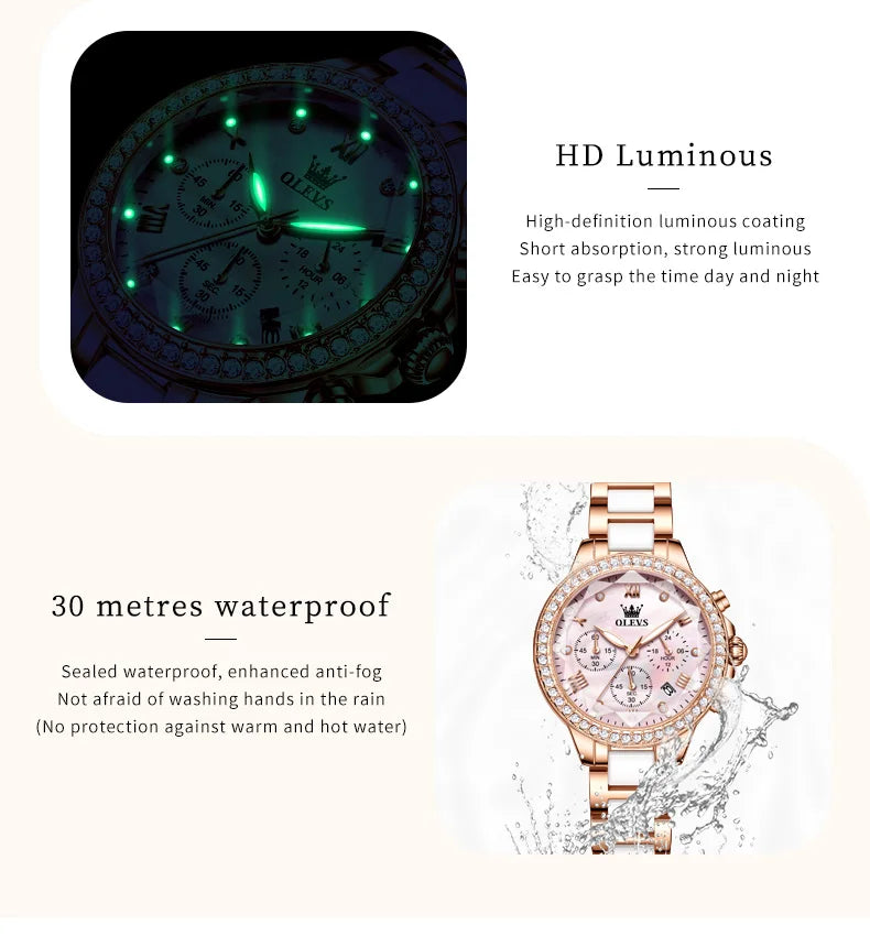 OLEVS Luxury Women’s Waterproof Chronograph Watch. Rose Gold Crystal Fashion Timepiece