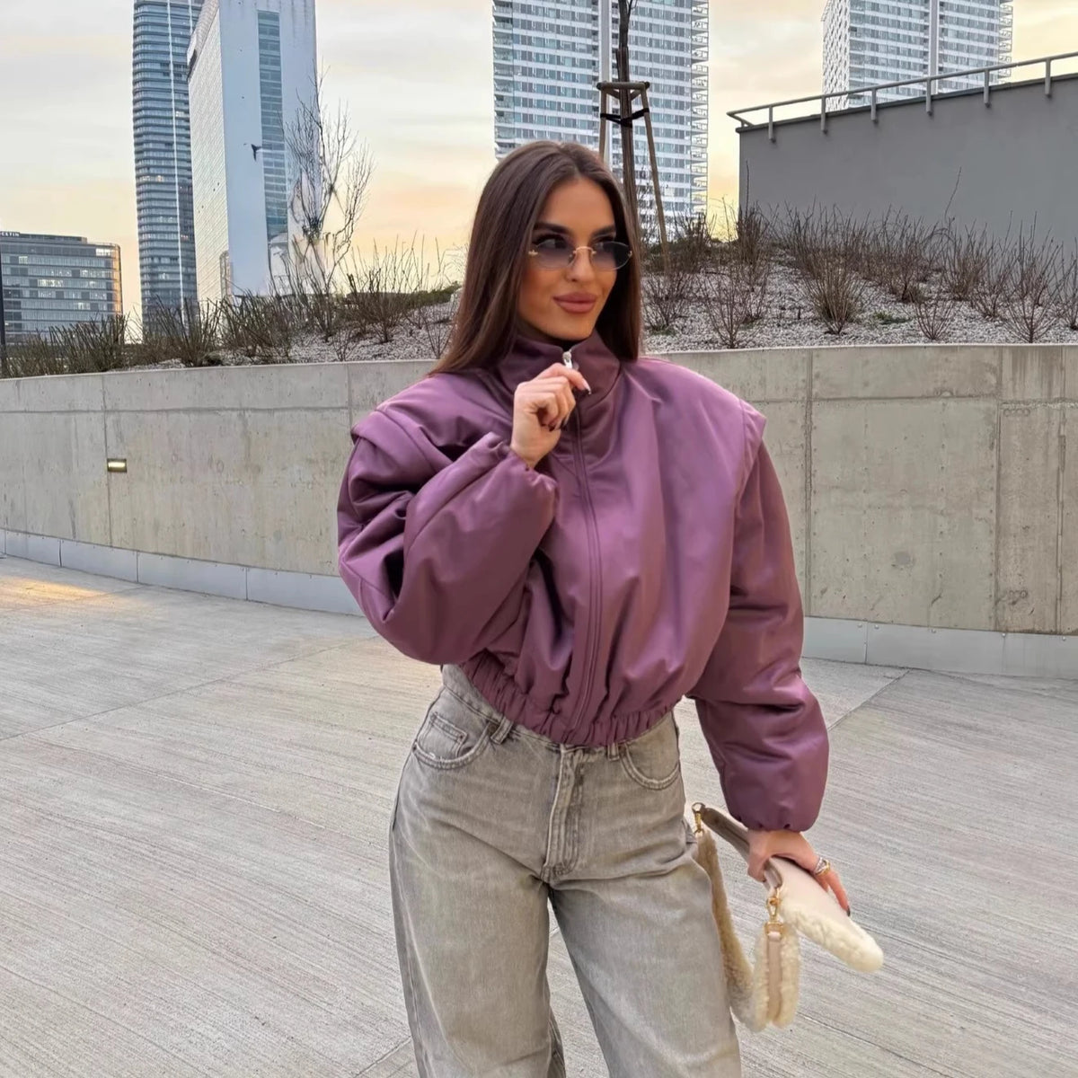 Women's Satin Bomber Jacket.  Lightweight Zip-Up Casual Coat with Stand Collar