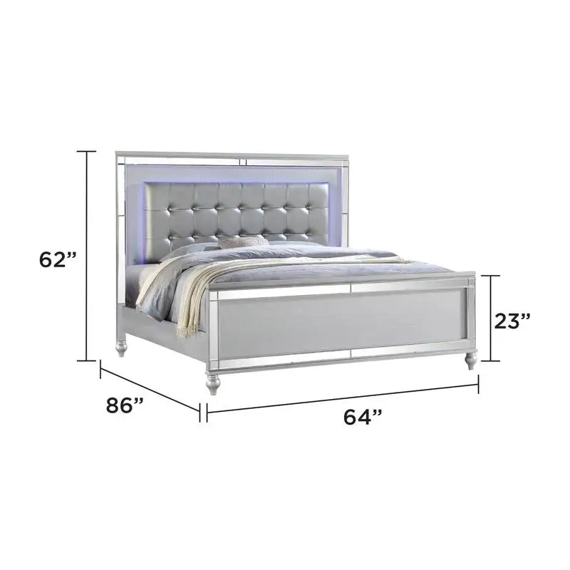 Silver 4PC LED Bedroom Set - Wooden Queen Bed, Nightstand, Dresser, Mirror