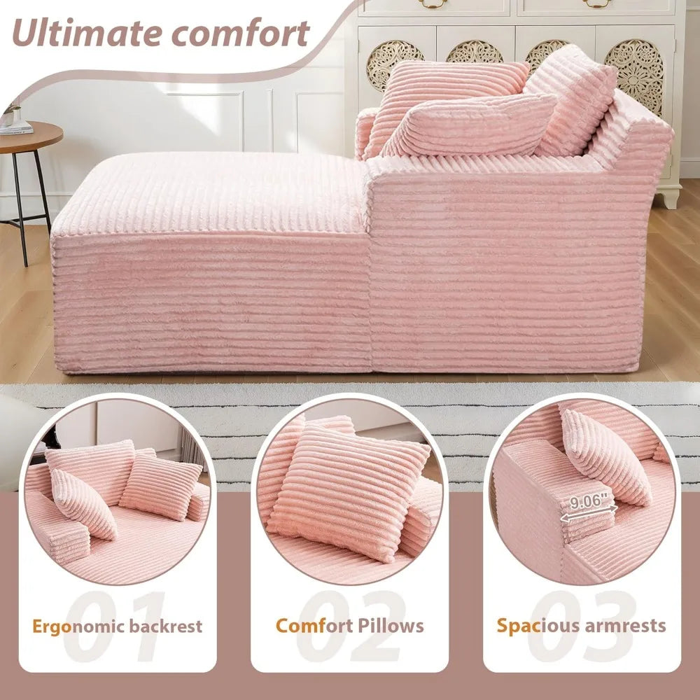 Oversized Chaise Lounge Chair - Corduroy Recliner with Deep Seat & 3 Throw Pillows, Upholstered Sleeper SofaBed for Living Room,