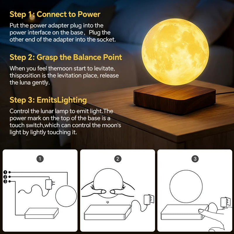 Magnetic Floating Rotating Moon Lamp .LED Night Light with Wooden Base & 3 Lighting Modes