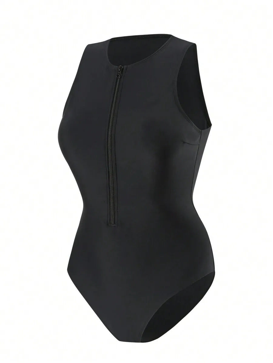 Women’s Black Zip Front One-Piece Swimsuit | Athletic Slimming Bathing Suit for Beach & Pool