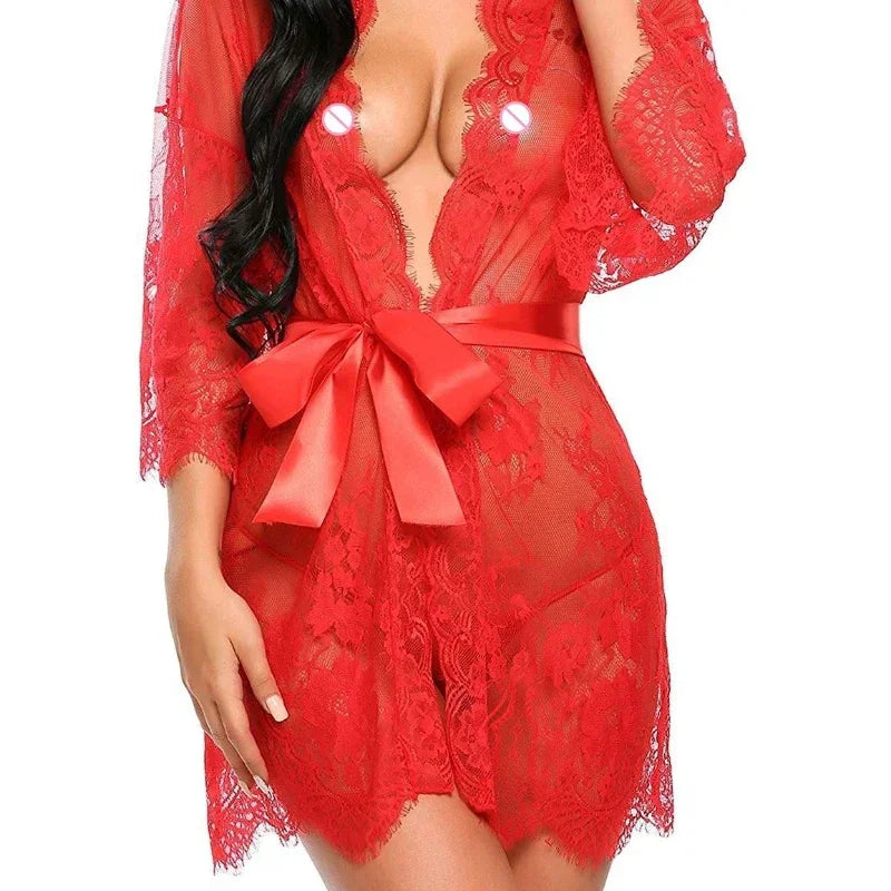 Women's Sheer Lace Robe. Floral Mesh Lingerie Nightgown with Ruffle Trim
