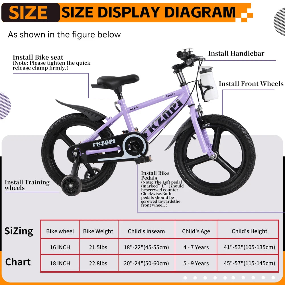 FKZNPJ 18-Inch Kids Mountain Bike .High Carbon Steel Frame, Magnesium Wheels, Adjustable Seat, Boys & Girls Bicycle