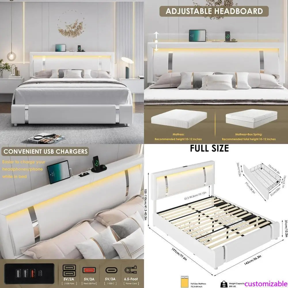 "contemporary rgb led illuminated bed frame with storage drawers and upholstered leatherette platform bed"