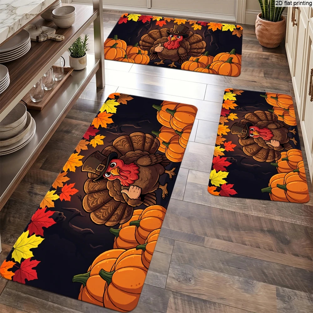 Thanksgiving Kitchen Runner Rug. Pumpkin, Turkey & Fall Leaves Non-Slip Floor Runner for Autumn Harvest Home Décor