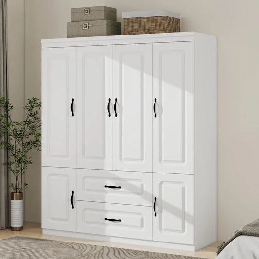 Wardrobe Closet with Doors, 4 Doors Bedroom Armoires with Drawers and Hangind Rod, White Wardrobe Cabinet Suit for Bedroom