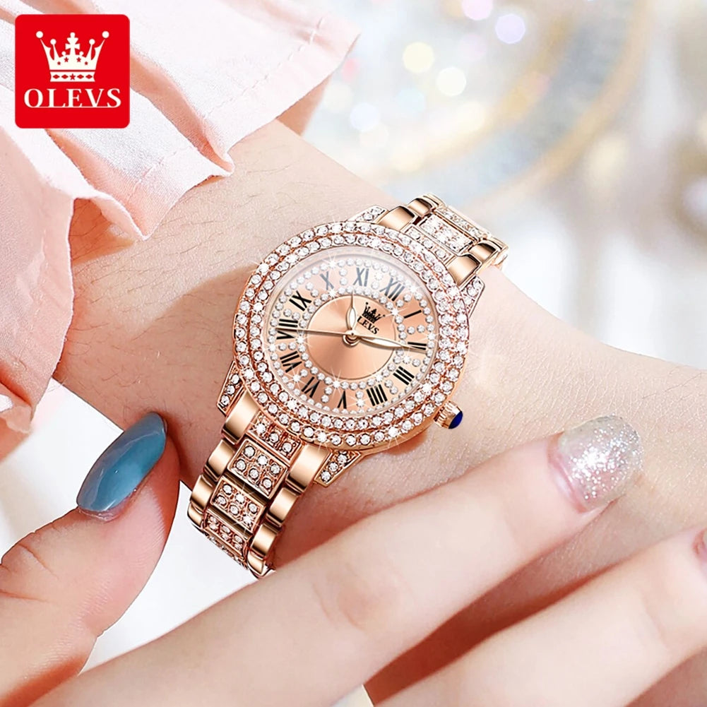 OLEVS Luxury Women’s Waterproof Chronograph Watch. Rose Gold Crystal Fashion Timepiece