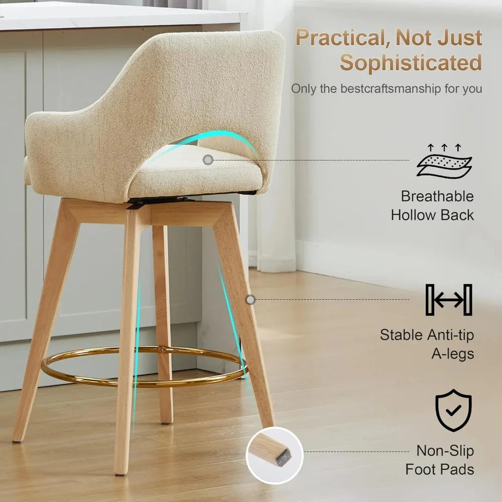 Swivel Counter Stools Set of 2, Raw Wood Tone Counter Height Bar Stools with Ergonomic Back, Soft Linen Fabric Island Chairs wi