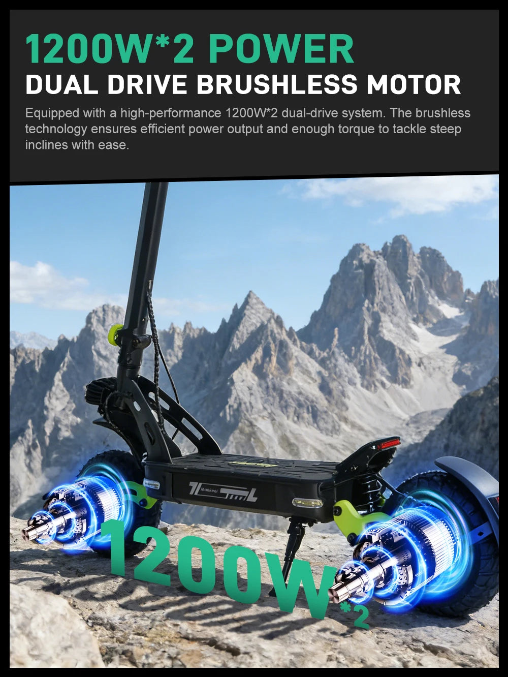 1200W Dual Motor Electric Scooter. 60V 21Ah Long-Range High Performance E-Scooter with Dual Suspension